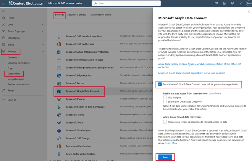 A screenshot showing how to enable data connect in the Microsoft 365 admin center.