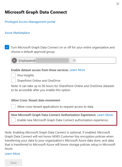 A screenshot showing how to enable the new experience for data connect in the Microsoft 365 admin center.