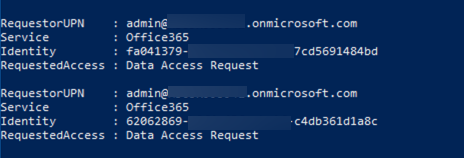 A screenshot showing a list of pending requests formatted as a list in a PowerShell console.