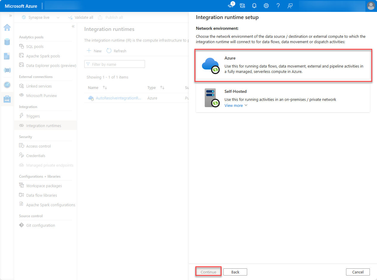A screenshot of the Integration runtime setup with Azure selected for network environment and Continue highlighted.