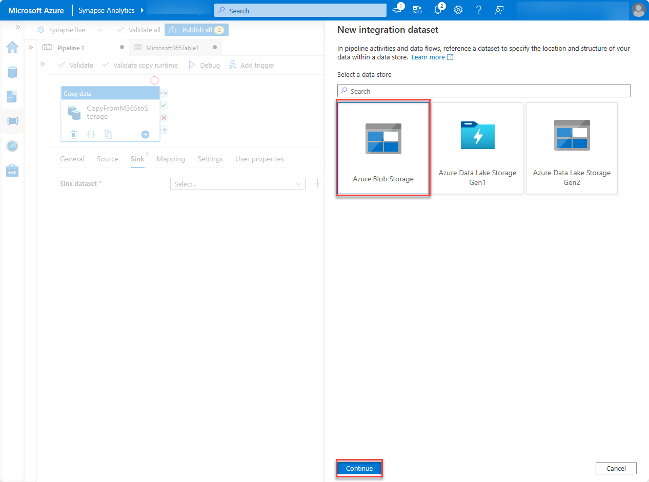 A screenshot of the New integration dataset pane with Azure Blob Storage highlighted.