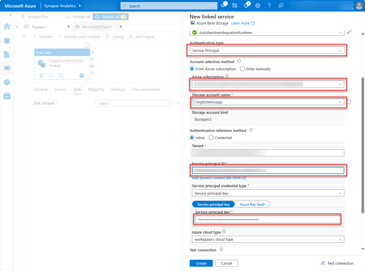 Screenshot of the New linked service pane with the pane highlighted