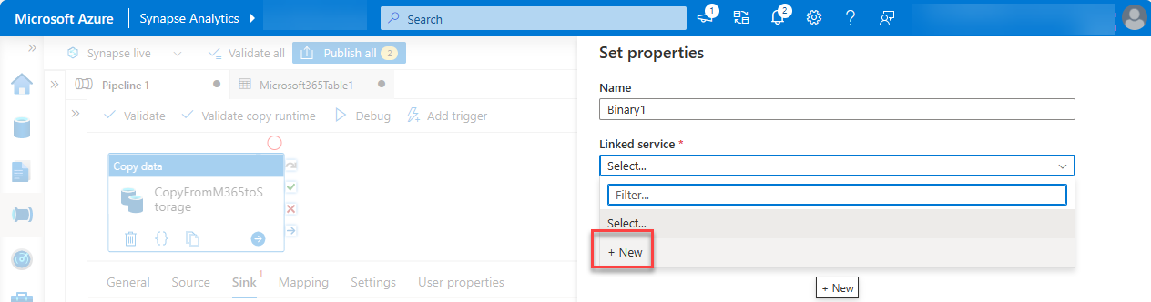 A screenshot of the Set properties pane with Linked service highlighted.