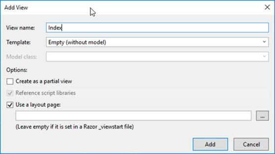 A screenshot of the Visual Studio interface showing how to add an new view called index.