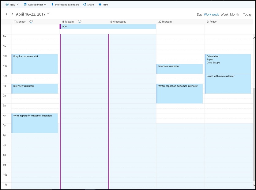 The attendee's work calendar for April 17-21 showing free-busy times