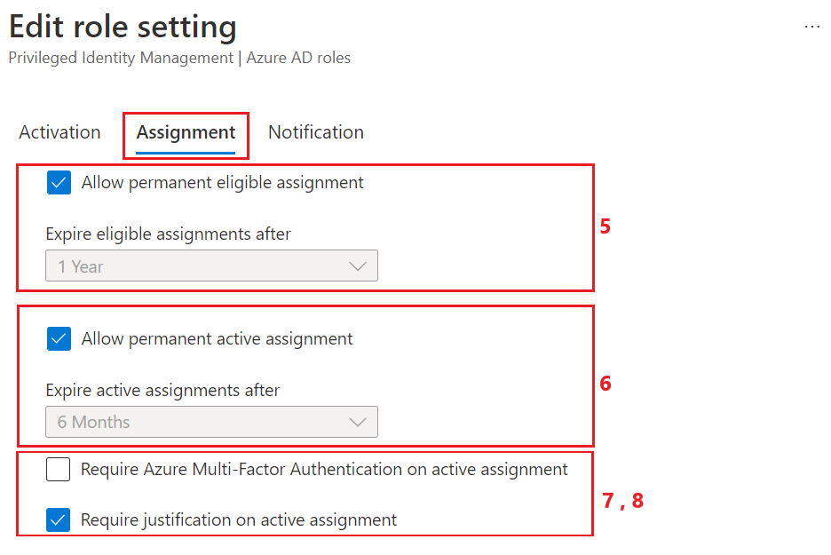 PIM role assignment settings on the Microsoft Entra admin center.