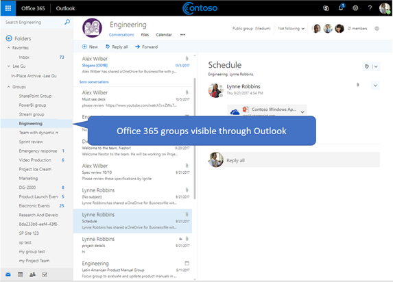 Screenshot of Outlook on the web with groups listed in the Groups folder