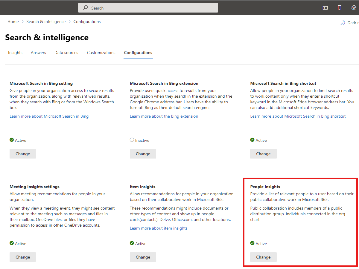 Screenshot of the Microsoft 365 admin center Search & intelligence page with People insights highlighted