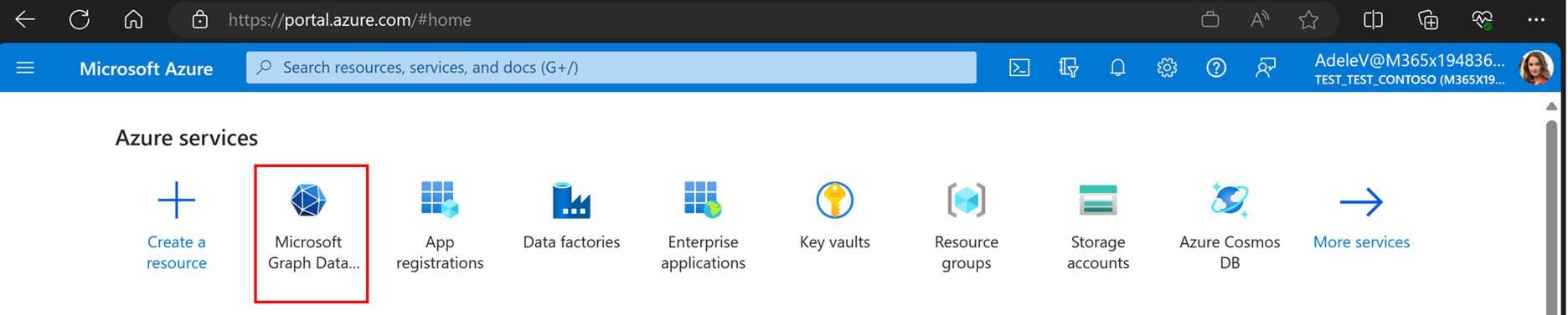 Screenshot of the Azure portal with Microsoft Graph Data Connect highlighted
