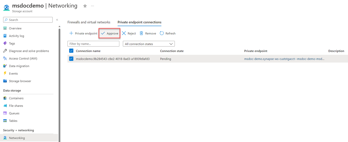 Screenshot showing a new private endpoint with Approval button highlighted, ready to be approved.
