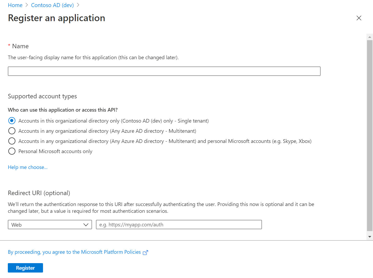 Screenshot of the Azure portal in a web browser, showing the Register an application pane.
