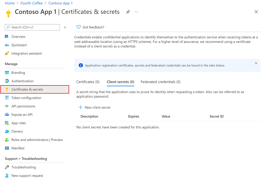 Screenshot of the Microsoft Entra admin center, showing the Certificates and secrets pane in an app registration.
