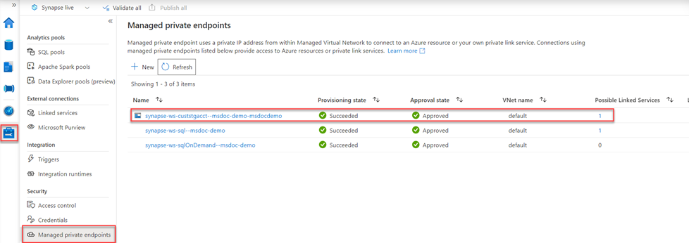 Screenshot with the approved state of a managed private endpoint in a Synapse workspace, highlighted.