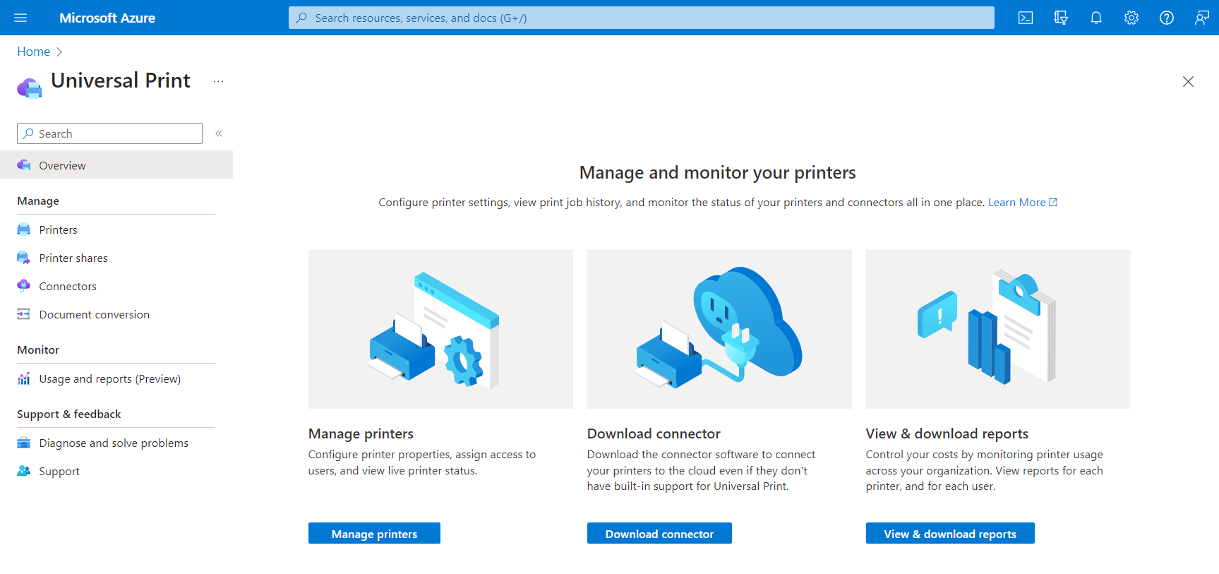 Screenshot of the Universal Print Azure portal home page