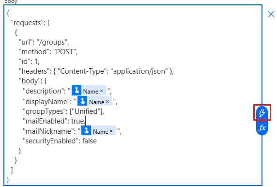 A screen shot of the dynamic content menu in Microsoft Flow