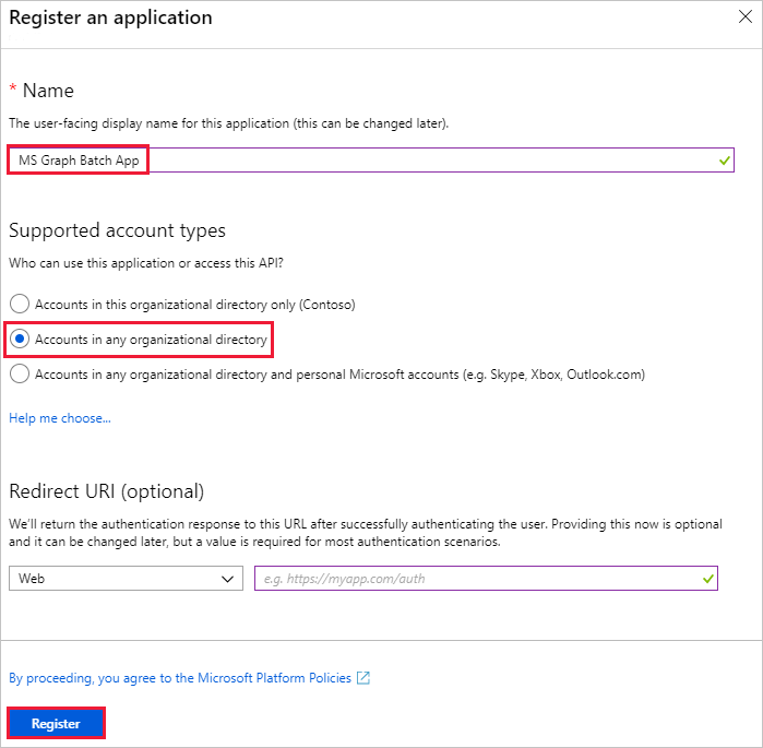 A screen shot of the Register an application blade in the Azure Active Directory admin center