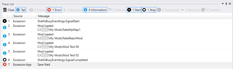 View of the Trace List set to filter for errors and information logs.