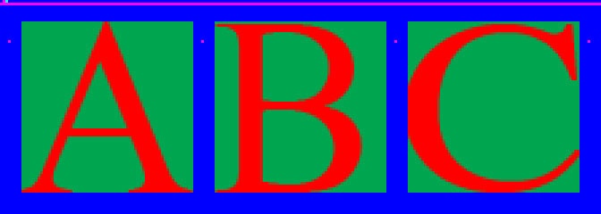 View of a sample bitmap plate containing the letters A, B, and C in Red, Green, and Blue.