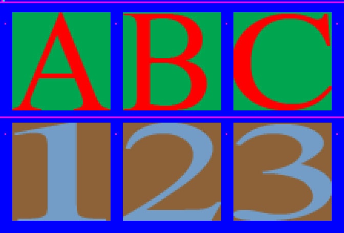 View of a sample image containing the numbers 1, 2, and 3, and the letters A, B, and C in Red, Green, and Blue colors to demonstrate an image sequence.