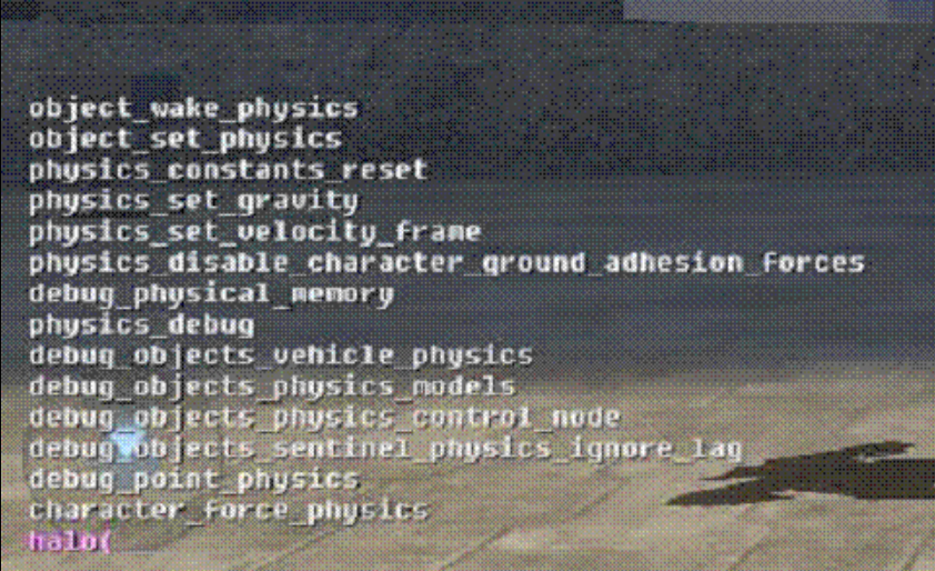 View of the console command results when typing physic