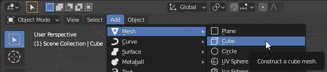 View of the Add drop down in Blender with Mesh selected and the Cube option selected.