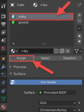 View of the materials tab with the +sky material selected and the Assign button highlighted.