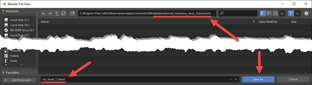 View of the Save window within Blender wiith the folder location, file name, and Save As button hightlighted with arrows.