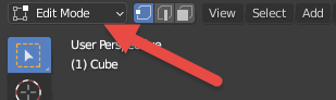 View of the Edit Mode drop down option in the Blender UI with an arrow highlighting it.