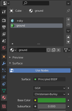 View of the new material with the name changed to ground and the base color field changed to a unique color.