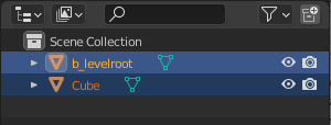 View of the Hierarchy with the cube and b_level root objects selected.