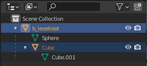 View of the hierarchy expanded to show that the cube is now parented to the b_level root.