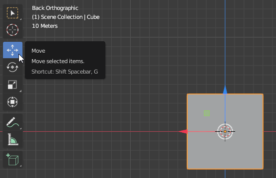 View of the Move tool option in the side bar of the Blender UI.