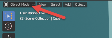 View of the Object Mode drop down option within the Blender viewport.