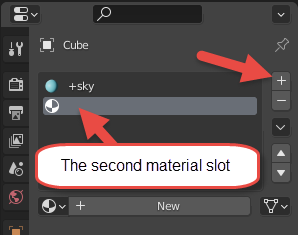 View of the second material slot option below the +sky material with an arrow highlighting the plus button to add a new material.