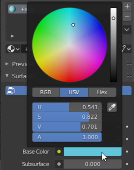 View of the color picker in the material properties being set to a unique color for the sky.