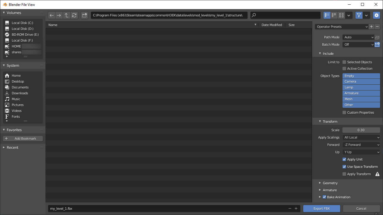 View of the Export dialog Showing all options for FBX export as well as setting the file name.