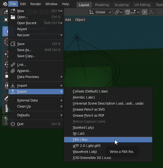 View of the Export option selected and the FBX option highlighted within the File menu.
