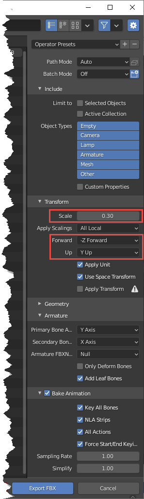 View of the FBX export settings with the scale correctly set to 0.30, the forward set to negative z forward, and the up set to U up.