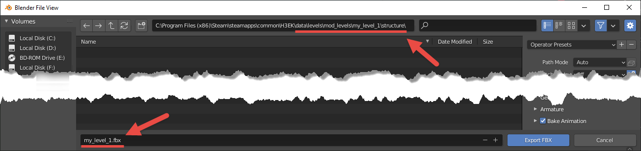 View of the export dialog with the File Name and Location highlighted.