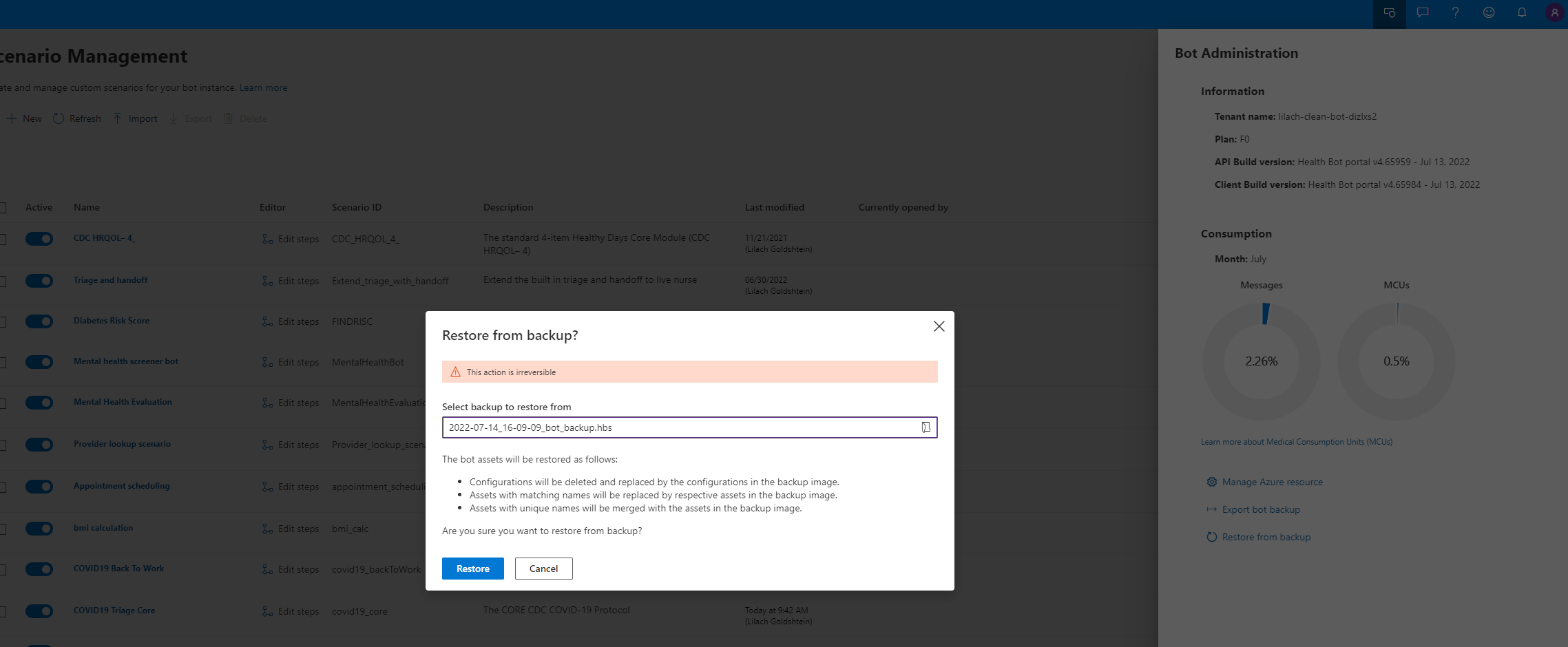 Screen shot of restore option