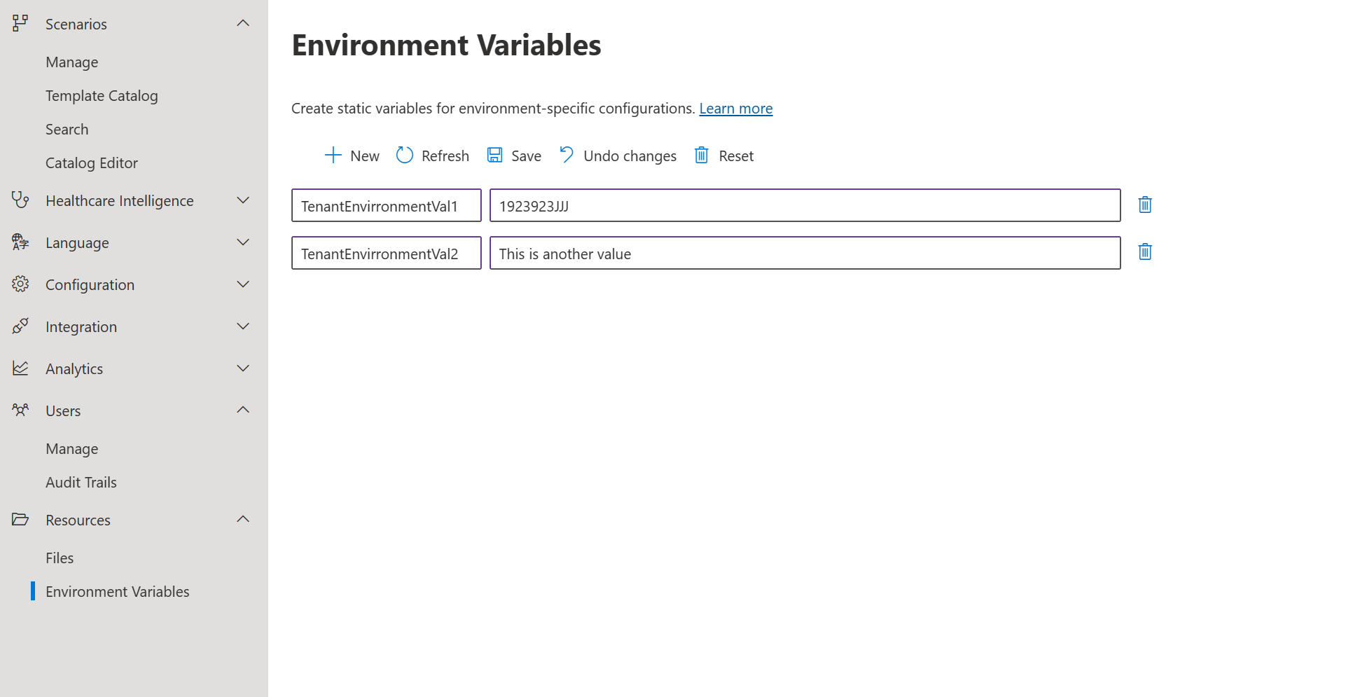 A screenshot of the the healthcare agent service environment variables