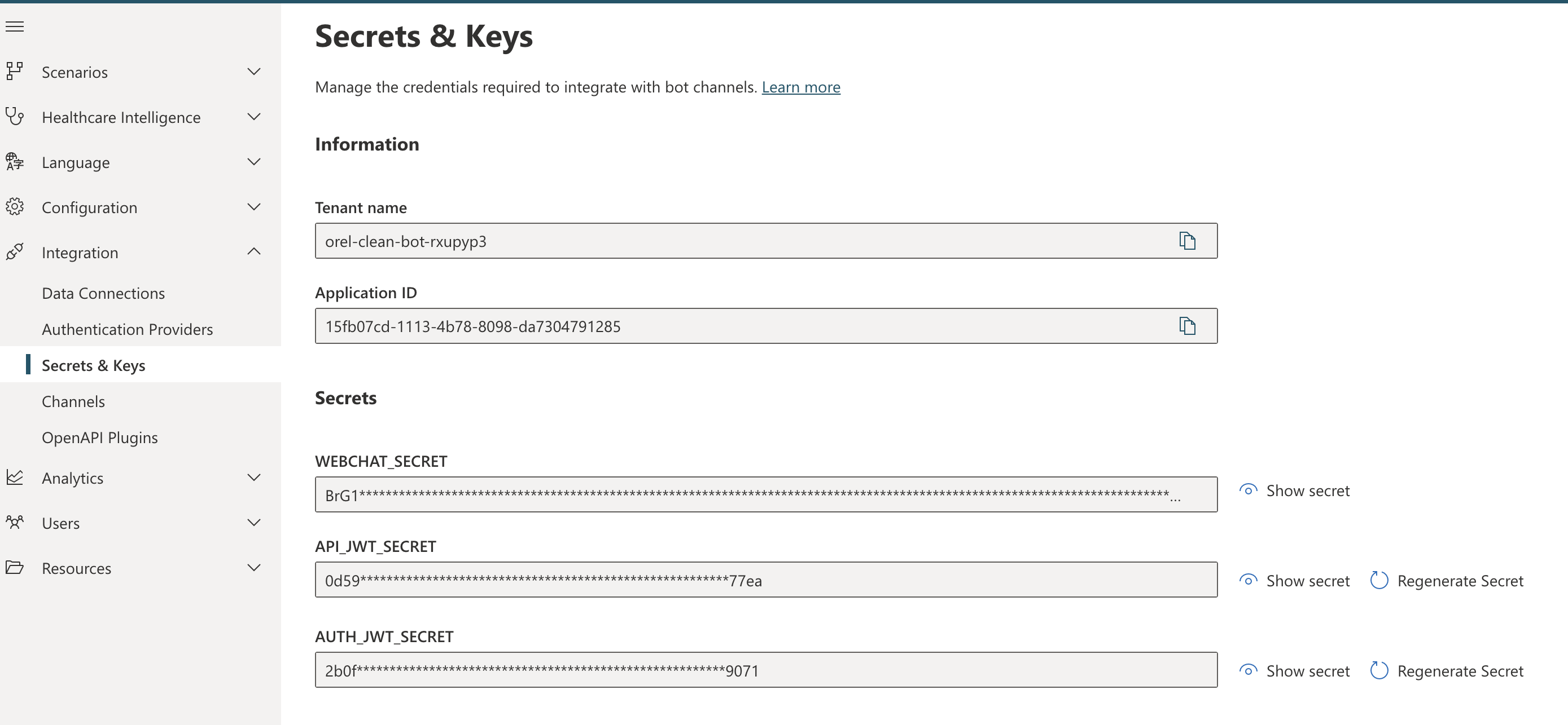 A screenshot of the Secret and Keys Page