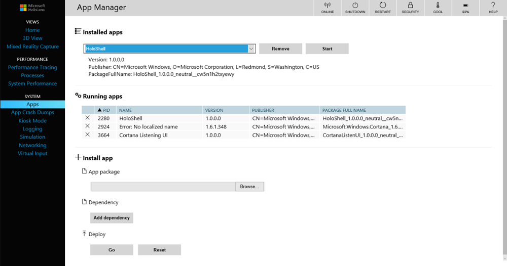 Windows Device Portal to Install Side-Loaded app.