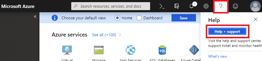 Azure portal help and support.