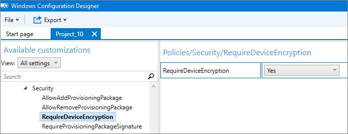 Require device encryption setting configured to yes.