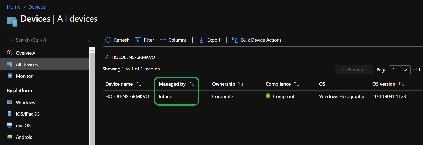Verify managed by Intune in Microsoft Entra ID.