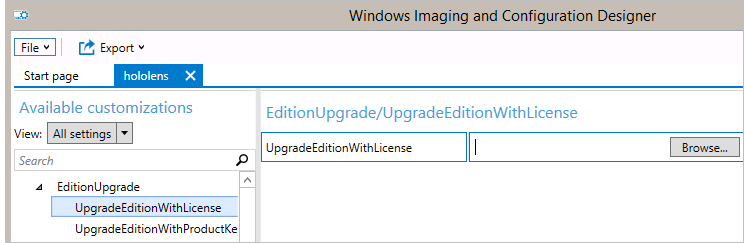 Upgrade edition with license setting selected.