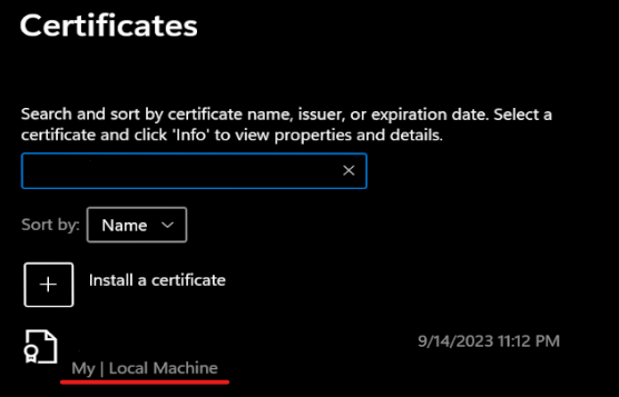 Certificate manager showing location of certificate