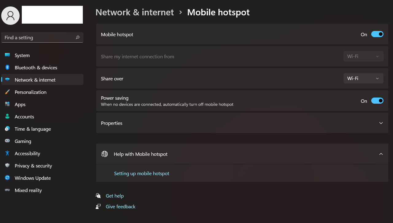 Wireshark Mobile hotspot settings