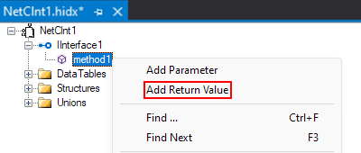 Screenshot shows main design view, method shortcut menu, and selected option for Add Return Value.